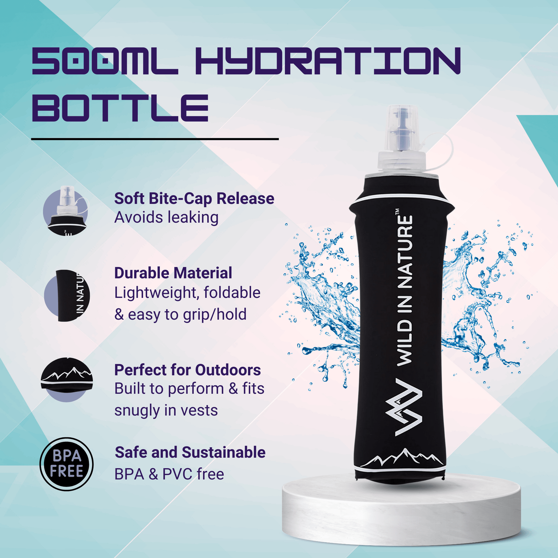 500ml Collapsible Water Bottle - Black - WILD IN NATURE®